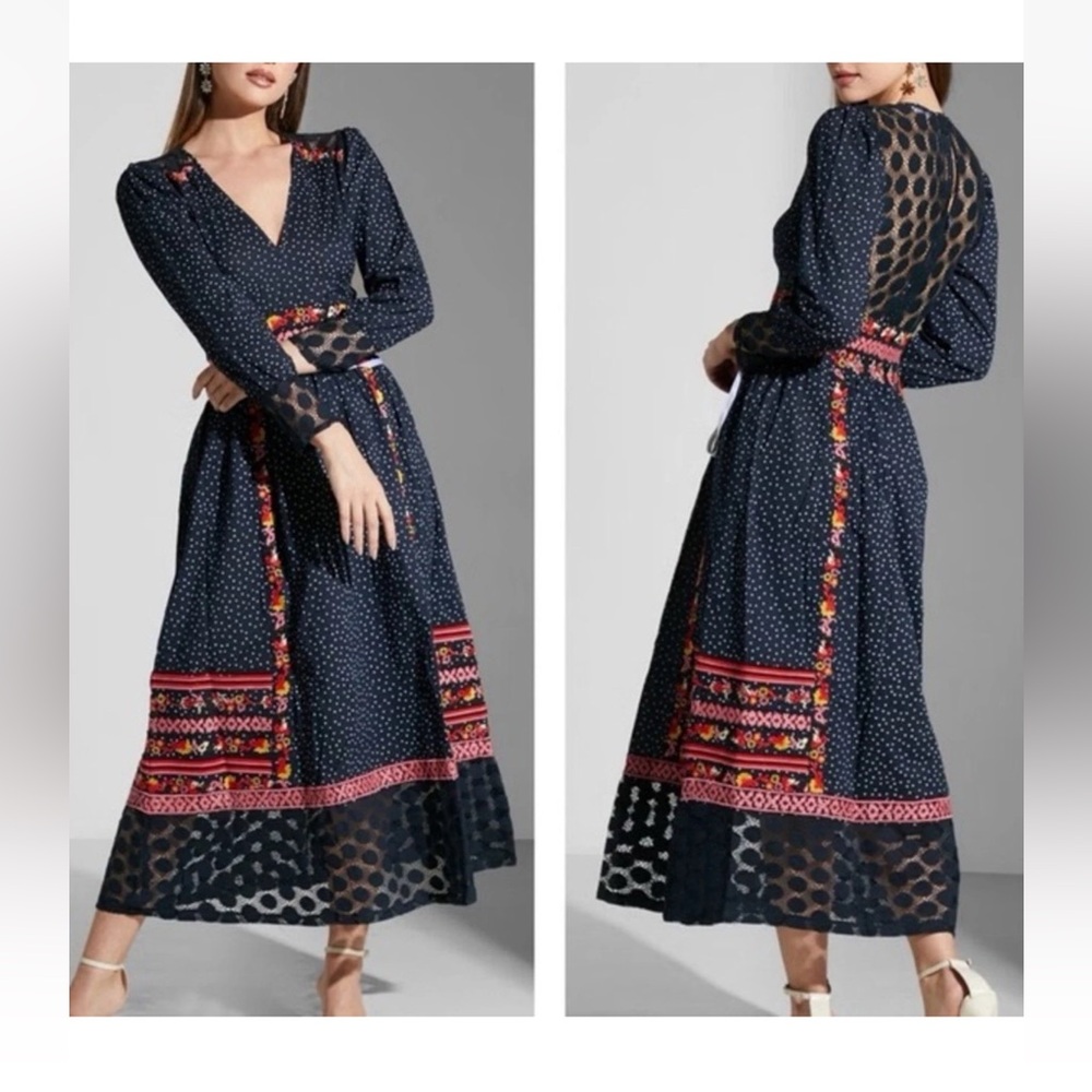 Frock and Frill Embroidered Chic Long Sleeve Navy Maxi Dress with Accents